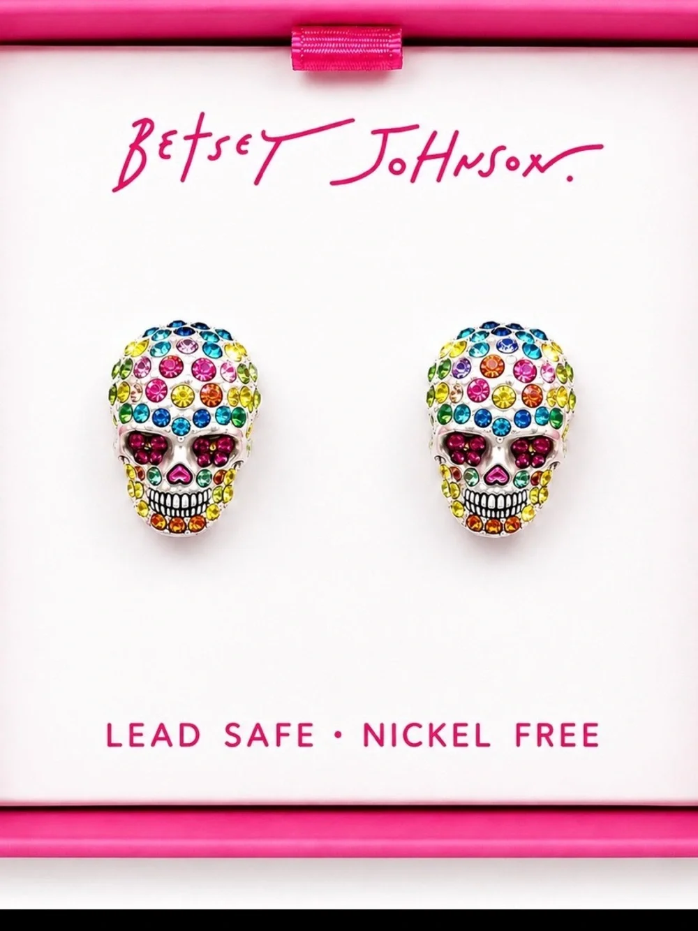 Betsey Johnson White Sugar Skull Crystal Stud Earrings NWT